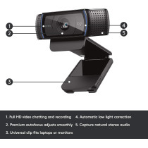 Logitech C920 Widescreen HD Pro Webcam Black, 960-000764, Logitech HD Pro Webcam C920 Video Calling and Recording 1080p Camera