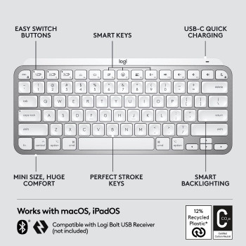 Logitech MX Keys Mini for Mac Minimalist Wireless Keyboard, Compact, Bluetooth, Backlit Keys, USB-C, Tactile Typing, Compatible with MacBook Pro,Macbook Air,iMac,iPad