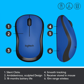 Logitech M220 Wireless Mouse, Silent Buttons, 2.4 GHz with USB Mini Receiver, 1000 DPI Optical Tracking, 18-Month Battery Life, Ambidextrous PC / Mac / Laptop - Blue