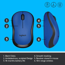 Logitech M220 Wireless Mouse, Silent Buttons, 2.4 GHz with USB Mini Receiver, 1000 DPI Optical Tracking, 18-Month Battery Life, Ambidextrous PC / Mac / Laptop - Blue