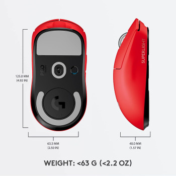 Logitech G PRO SUPERLIGHT Wireless Gaming Mouse, Ultra Lightweight 63 g, HERO 25K Sensor, 25,600 DPI, 5 Programmable Buttons, Long Battery Life, On-Board Memory, for esports, PC / Mac - Red