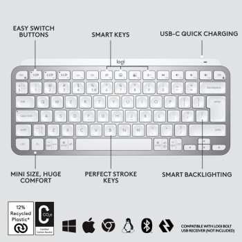 Logitech MX Keys Mini Minimalist Wireless Illuminated Keyboard, Compact, Bluetooth, Backlit, USB-C, Compatible with Apple macOS, iOS, Windows, Linux, Android, Metal Build, US Intl Layout - Pale Grey