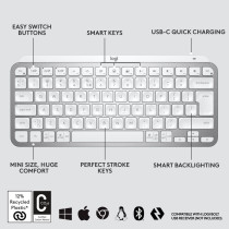 Logitech MX Keys Mini Minimalist Wireless Illuminated Keyboard, Compact, Bluetooth, Backlit, USB-C, Compatible with Apple macOS, iOS, Windows, Linux, Android, Metal Build, US Intl Layout - Pale Grey