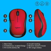 Logitech M220 Wireless Mouse, Silent Buttons, 2.4 GHz with USB Mini Receiver, 1000 DPI Optical Tracking, 18-Month Battery Life, Ambidextrous PC / Mac / Laptop - Red