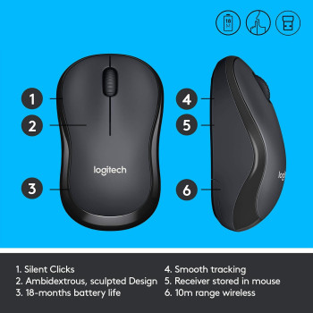 Logitech M220 Wireless Mouse, Silent Buttons, 2.4 GHz with USB Mini Receiver, 1000 DPI Optical Tracking, 18-Month Battery Life, Ambidextrous PC / Mac / Laptop - Noir
