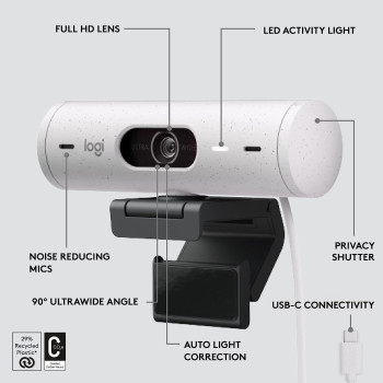 Logitech Brio 500 Full HD Webcam with Auto Light Correction,Show Mode, Dual Noise Reduction Mics, Privacy Cover, Works Microsoft Teams, Google Meet, Zoom, USB-C Cable - Off White