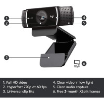 Logitech C922 Pro Stream Webcam (HD 1080p/30fps or HD 720p/60fps) - Black