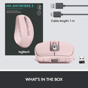 Logitech Mx Anywhere 3 Compact Wireless Performance MoUSe, Any Surface, Portable, 4000Dpi, CUStomizable Buttons, USb-C, Bluetooth, Apple Mac, Ipad, Windows Pc, Linux, Chrome - Rose