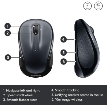Logitech M325 Wireless Mouse, 2.4 GHz with USB Unifying Receiver, 1000 DPI Optical Tracking, 18 Month Life Battery, PC/Mac/Laptop Dark Silver Black Grey, 910-002142