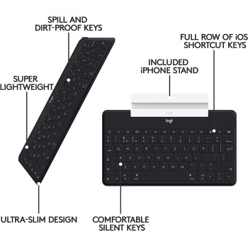 Logitech Keys-To-Go Wireless Bluetooth Keyboard For iPhone, iPad, Smartphone, Tablet, Android, Windows, Apple TV, Ultra-Thin, Ultra-Light, Short-Cut Keys, QWERTY UK Layout - Black