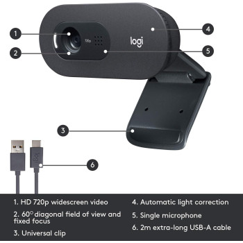 Logitech C505 HD Webcam - 720p HD External USB Camera for Desktop or Laptop with Long-Range Microphone, Compatible with PC or Mac - Grey