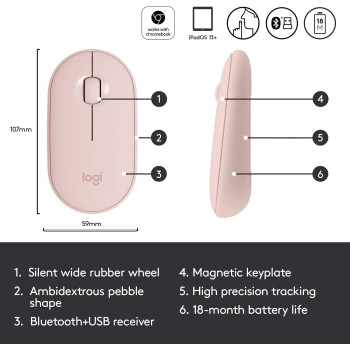 Logitech Pebble M350 Wireless Mouse with Bluetooth or USB - Silent, Slim Computer Mouse with Quiet Click for iPad, Laptop, Notebook, PC and Mac - Pink Rose