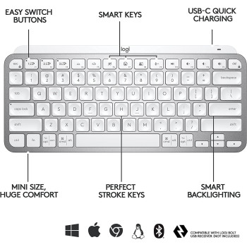 Logitech MX Keys Mini Minimalist Wireless Illuminated Keyboard, Compact, Bluetooth, Backlit, USB-C, Compatible with Apple macOS, iOS, Windows, Linux, Android, Metal Build - Pale Gray