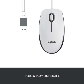 Logitech M100 Wired USB Mouse, 3-Buttons, 1000 DPI Optical Tracking, Ambidextrous PC/Mac/Laptop - White