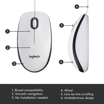 Logitech M100 Wired USB Mouse, 3-Buttons, 1000 DPI Optical Tracking, Ambidextrous PC/Mac/Laptop - White