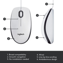 Logitech M100 Wired USB Mouse, 3-Buttons, 1000 DPI Optical Tracking, Ambidextrous PC/Mac/Laptop - White