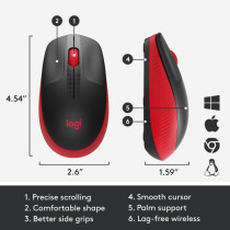 Logitech Wireless Mouse M190,Full Size Ambidextrous Curve Design,18-Month Battery with Power Saving Mode,USB Receiver,Precise Cursor Control and Scrolling,Wide Scroll Wheel,Scooped Buttons - Black/Red