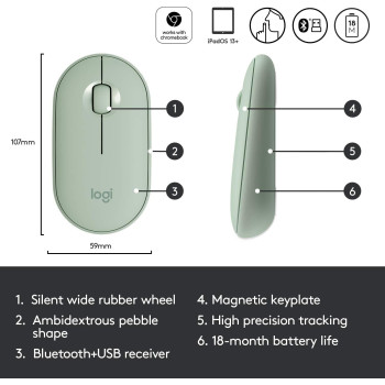 Logitech Pebble Wireless Mouse with Bluetooth or 2.4 GHz Receiver, Silent, Slim Computer Mouse with Quiet Clicks, for Laptop/Notebook/iPad/PC/Mac/Chromebook - Eucalyptus