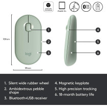 Logitech Pebble Wireless Mouse with Bluetooth or 2.4 GHz Receiver, Silent, Slim Computer Mouse with Quiet Clicks, for Laptop/Notebook/iPad/PC/Mac/Chromebook - Eucalyptus