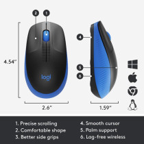 Logitech Wireless Mouse M190,Full Size Ambidextrous Curve Design,18-Month Battery with Power Saving Mode, USB Receiver,Precise Cursor Control and Scrolling,Wide Scroll Wheel,Scooped Buttons-Black/Blue