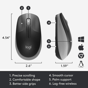 Logitech Wireless Mouse M190, Full Size Ambidextrous Curve Design, 18-Month Battery with Power Saving Mode, Precise Cursor Control and Scrolling, Wide Scroll Wheel, Scooped Buttons - Black/Mid Grey