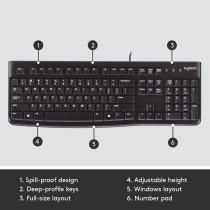 Logitech K120 Wired BUSiness Keyboard For Windows Or Linux, USb Plug-And-Play, Full-Size, Spill Resistant, Curved Space Bar, Pc / Laptop, English/Arabic Layout - Black