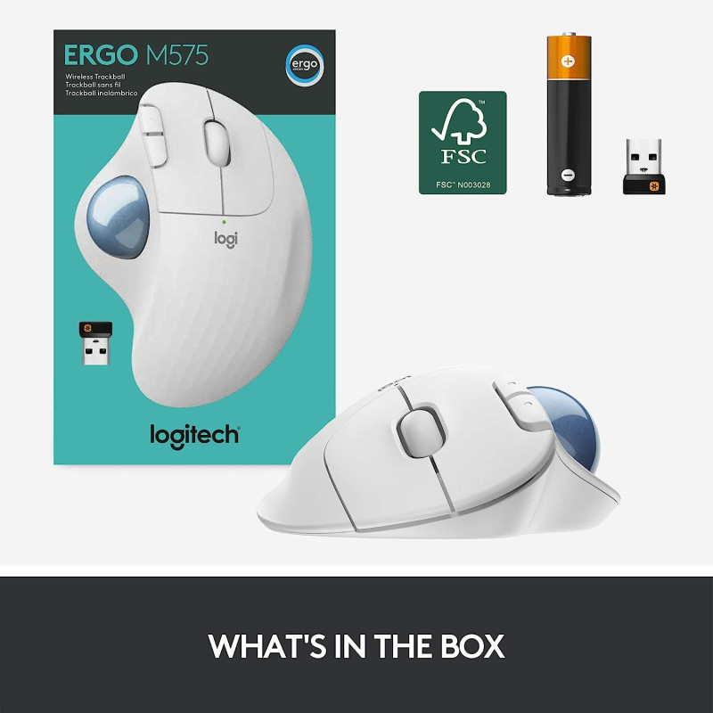 Logitech ERGO M575 Wireless Trackball Mouse, Easy thumb control, Precision and smooth tracking, Ergonomic comfort design, Windows/Mac, Bluetooth, USB - Off White