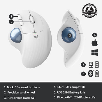 Logitech ERGO M575 Wireless Trackball Mouse, Easy thumb control, Precision and smooth tracking, Ergonomic comfort design, Windows/Mac, Bluetooth, USB - Off White