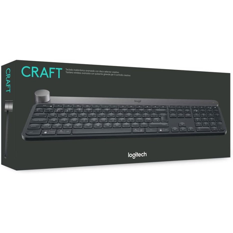 Logitech Craft Illuminated Wireless Keyboard, 2.4GHz Wireless and Bluetooth, Programmable Input Dial, Multi-Device, Automatic Backlit Keys, Rechargeable, PC/Mac/Laptop QWERTY UK Layout - Black