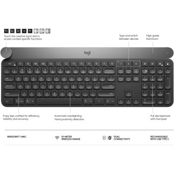 Logitech Craft Illuminated Wireless Keyboard, 2.4GHz Wireless and Bluetooth, Programmable Input Dial, Multi-Device, Automatic Backlit Keys, Rechargeable, PC/Mac/Laptop QWERTY UK Layout - Black