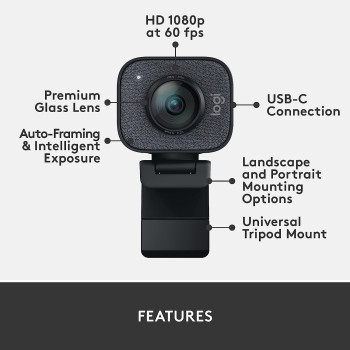 Logitech 960-001282 Streaming Webcam with USB-C and Built-in Microphone (Graphite Black, 60fps)