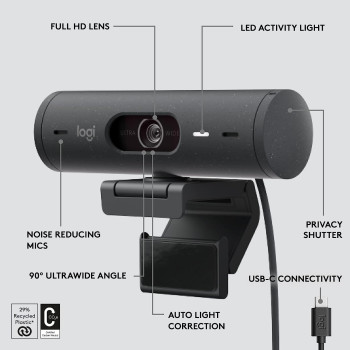 Logitech Brio 500 Full HD Webcam with Auto Light Correction,Show Mode, Dual Noise Reduction Mics, Webcam Privacy Cover, Works with Microsoft Teams, Google Meet, Zoom, USB-C Cable - Graphite