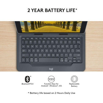 Logitech Universal Folio iPad or Tablet Case with Wireless Bluetooth Keyboard, For 9-10 Inch Apple, Android or Windows Tablets, Easy Set-Up, 2 Year Battery Life, QWERTY UK Layout - Black