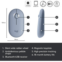 Logitech Pebble M350 Wireless Mouse with Bluetooth or USB - Silent, Slim Computer Mouse with Quiet Click for iPad, Laptop, Notebook, PC and Mac - Blue Grey