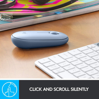 Logitech Pebble M350 Wireless Mouse with Bluetooth or USB - Silent, Slim Computer Mouse with Quiet Click for iPad, Laptop, Notebook, PC and Mac - Blue Grey