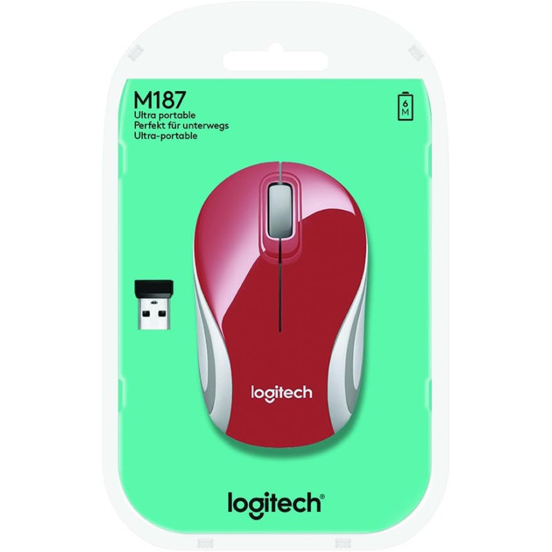 Logitech M187 Ultra Portable Wireless Mouse, 2.4 GHz with USB Receiver, 1000 DPI Optical Tracking, 3-Buttons, PC/Mac/Laptop - Red