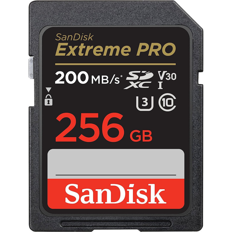SanDisk 256GB Extreme PRO SDXC card + RescuePRO Deluxe, up to 200MB/s, UHS I, Class 10, U3, V30 SDSDXXD 256G GN4IN, Black