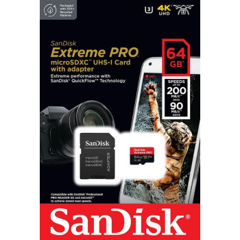 SanDisk 64GB Extreme Pro microSD UHS I Card for 4K Video on Smartphones, Action Cams Drones 200MB/s Read, 90MB/s Write, SDSQXCU 064G GN6MA, Red/Black