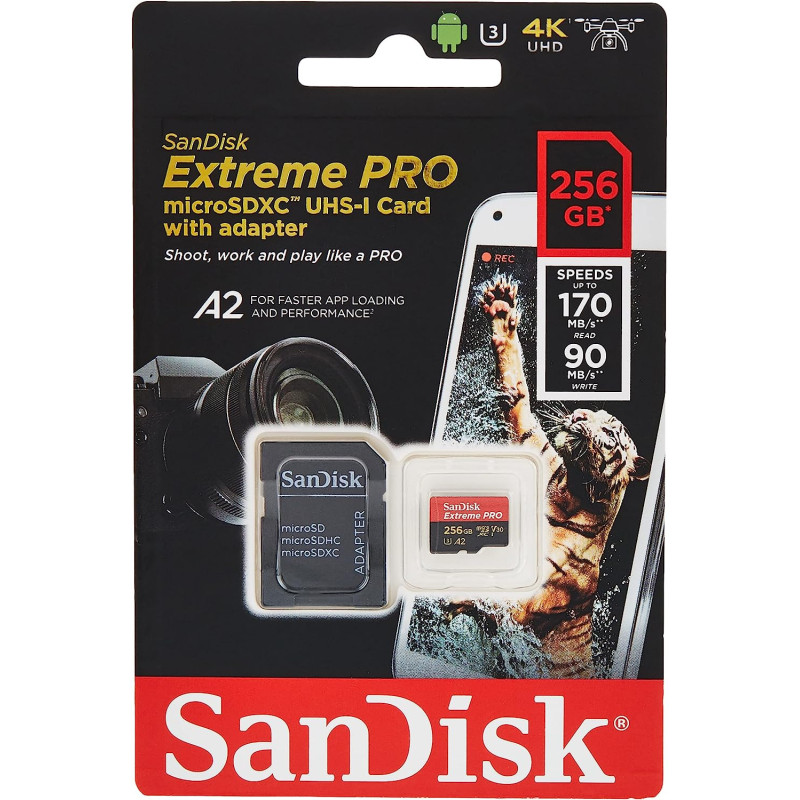 Sandisk Extreme Pro 256 Gb Microsdxc Memory Card + Sd Adapter With A2 App Performance Up To 170 Mb/S, Class 10, U3, V30