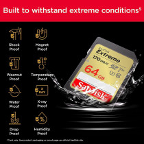 SanDisk 64GB Extreme SDXC card + RescuePRO Deluxe, up to 170MB/s, UHS I, Class 10, U3, V30 SDSDXV2 064G GNCIN, Black