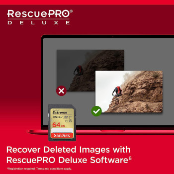 SanDisk 64GB Extreme SDXC card + RescuePRO Deluxe, up to 170MB/s, UHS I, Class 10, U3, V30 SDSDXV2 064G GNCIN, Black