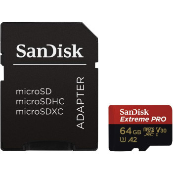 Sandisk Extreme Pro 64 GB Microsdxc Memory Card + Sd Adapter With A2 App Performance Up To 170 Mb/S, Class 10, U3, V30 (Sdsqxcy-064G-Gn6Ma)