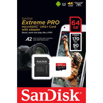 Sandisk Extreme Pro 64 GB Microsdxc Memory Card + Sd Adapter With A2 App Performance Up To 170 Mb/S, Class 10, U3, V30 (Sdsqxcy-064G-Gn6Ma)