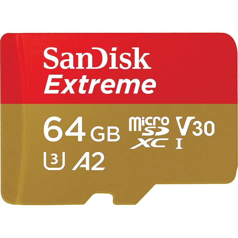 SanDisk 64GB Extreme microSDXC UHS-I Memory Card with Adapter - Up to 160MB/s, C10, U3, V30, 4K, A2, Micro SD - SDSQXA2-064G-GN6MA
