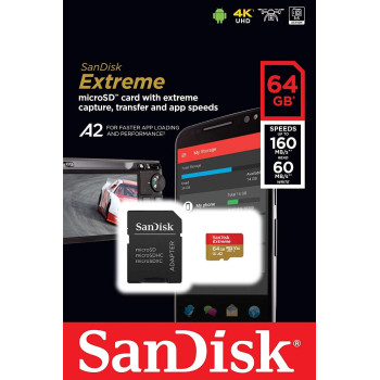 SanDisk 256GB Extreme microSDXC UHS-I Memory Card with Adapter - C10, U3, V30, 4K, A2, Micro SD - SDSQXA1-256G-GN6MA