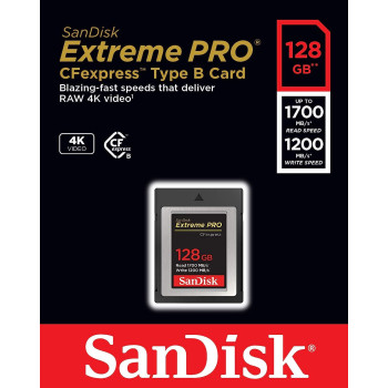SanDisk Extreme PRO CFexpress Speicherkarte Typ B 128 GB (Lesegeschwindigkeiten bis 1700 MB/s, f¼r RAW 4K-Video, XQD-Kompatibilit, RescuePro Deluxe Wiederherstellung Software)