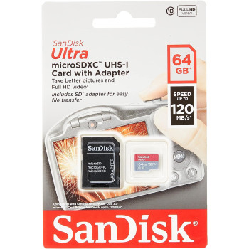 SanDisk Ultra 64GB microSDXC Memory Card + SD Adapter with A1 App Performance Up to 120MB/s, Class 10, UHS-I