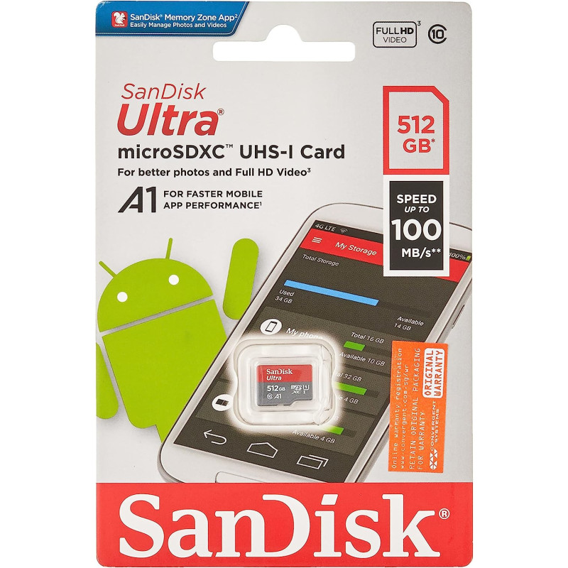 SanDisk 512GB Ultra microSDXC U1, C10, A1, UHS 1, 100MB/s R, 4x6, 10Y SDSQUAR 512G GN6MN, Black, SDSQUAR 512G GN6MN