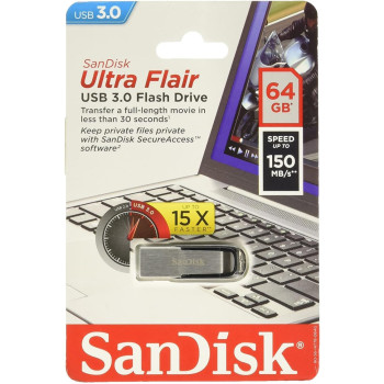 Sandisk Ultra Flair USB Flash Drive, 64 GB, Silver (SDCZ73-064G-A46)