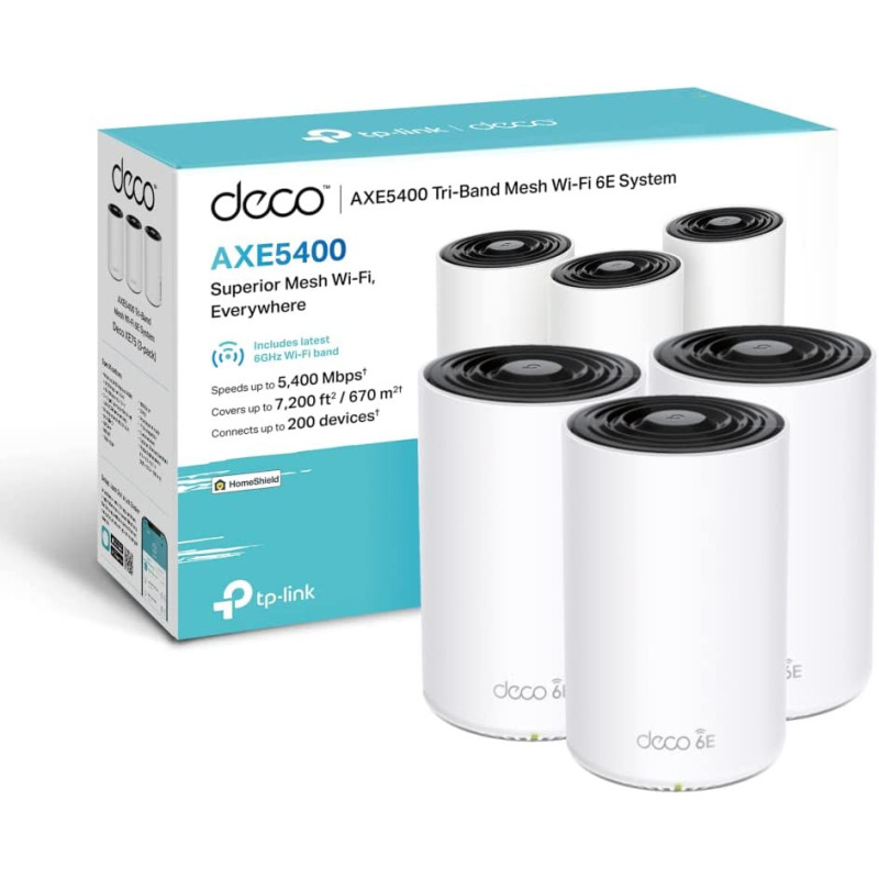 TP Link Deco XE75 AXE5400 Whole Home Mesh Wi Fi 6E System Tri Band Wi Fi Gigabit Ports Deco XE75 (3-Pack)
